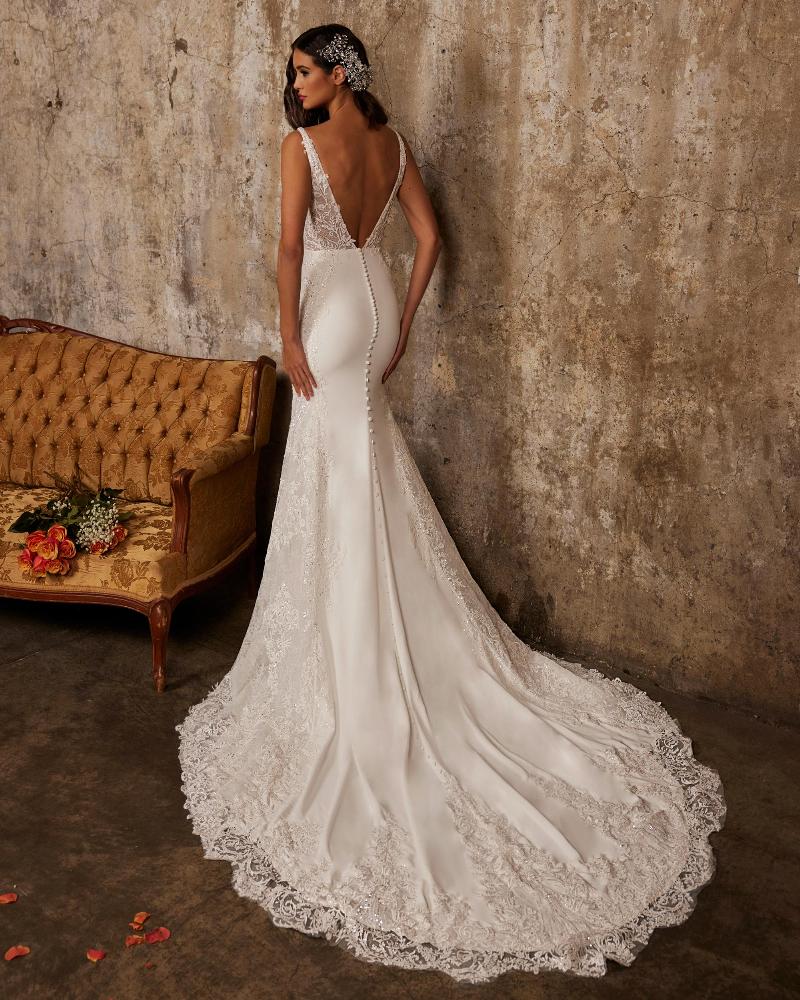 122238 crepe and lace wedding dress with a slit and open back2